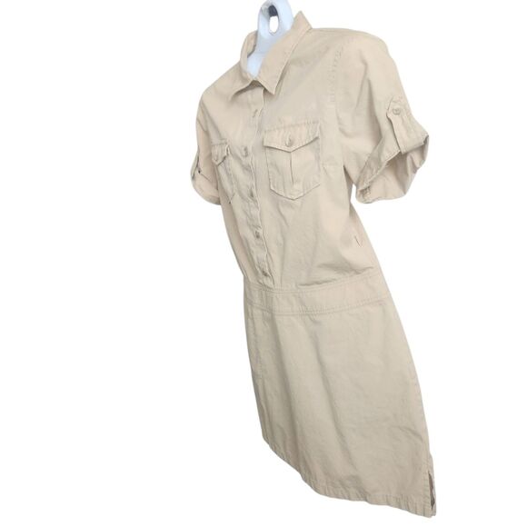 J Crew VTG Utility Shirt Dress-Tan-Side & Chest Pockets-Roll Tab Sleeves-Y2K-10 - Picture 8 of 11